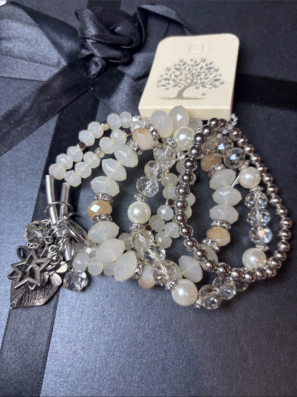 Tree of Life White, Silver & Pearl Multi-Strand Bracelet Set 5 Bracelets